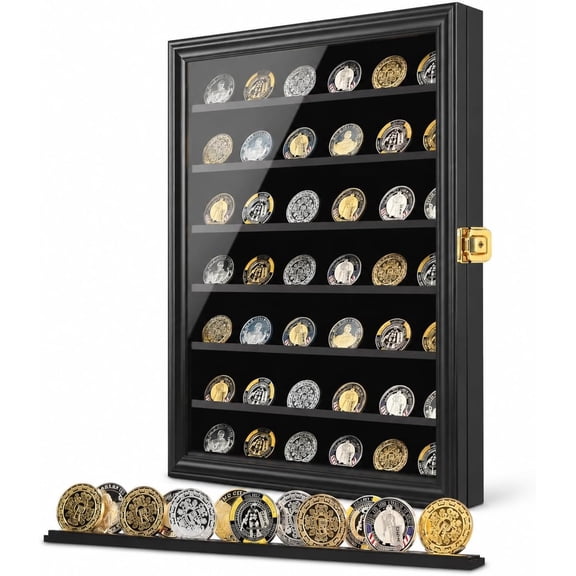 Military Challenge Coin Display Case Lockable Cabinet Rack Holder Shadow Box with Removable 2 Grooves Shelves and Anti Dust Door for Casino Poker Chips Collectibles, Large - Black 1 Pack