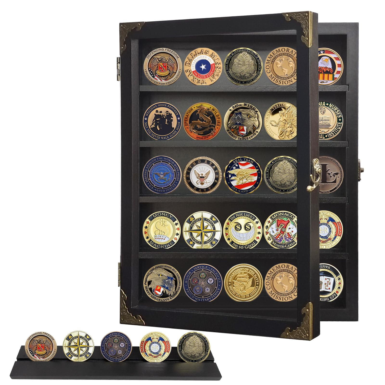 Military Challenge Coin Display Case, Lockable Wood Rack Holder