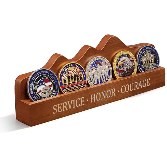 Military Challenge Coin Display Stand-Solid Wood Small Coin Holder for 5 Coins, Engraved Service Honor Courage Rack for Veterans Army Navy Air Force Marine Memorabilia Gift