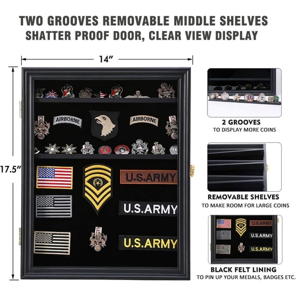 Military Challenge Coin Medals Pins Collector Display Case Lockable Wall Frame Wood Cabinet Black Shadow Box with Removable Shelves and Pinnable Background for Badges Patches Insignia Ribbons Brooche
