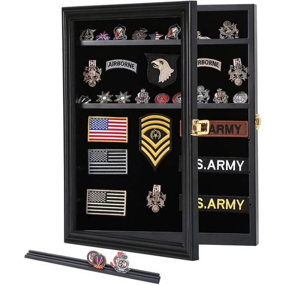 Military Challenge Coin Medals Pins Collector Display Case Lockable Wall Frame Wood Cabinet Black Shadow Box with Removab