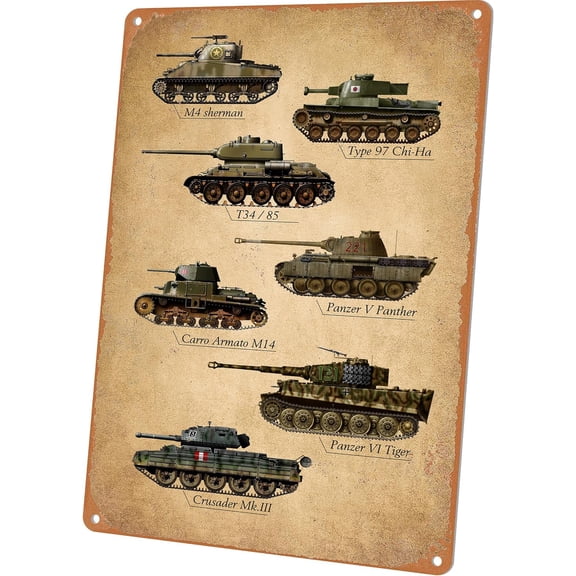 Military Decor Vintage WW2 Tank Wall Art Metal Tin Sign 8 x 12 Inches