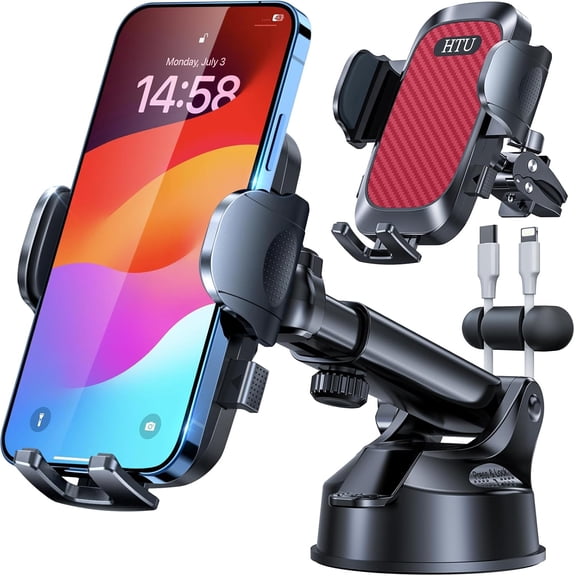 Military-Grade 5-in-1 Car Phone Mount, 360° Rotatable Strong Suction Cup Holder for Windshield Dashboard Vent, Universal Truck Cell Stand for iPhone Android, Red