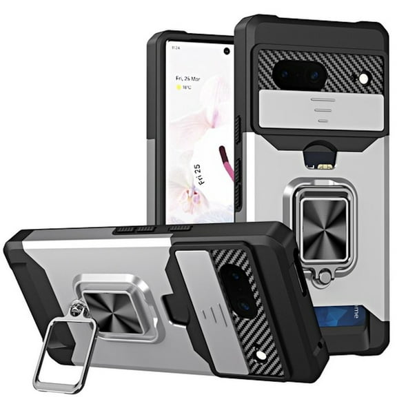Military Grade All-In-One Ring Stand Card Case for Google Pixel 7 - Silver