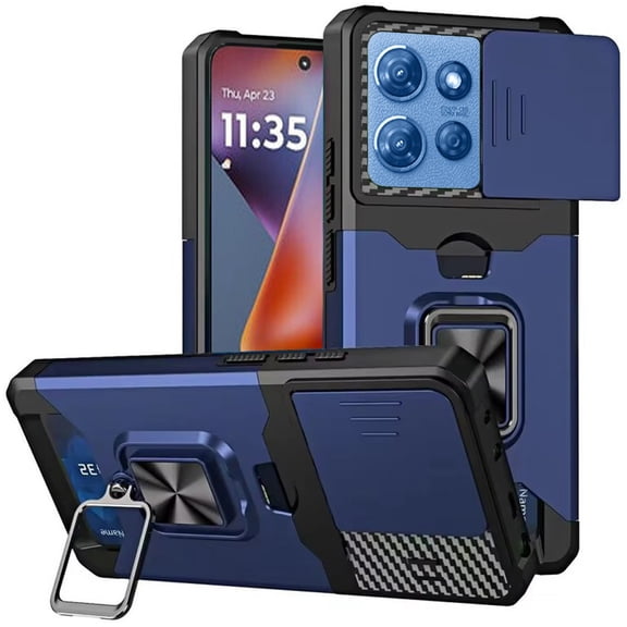 Military Grade All-In-One Ring Stand Card Case for Motorola Moto G 2025 - Blue