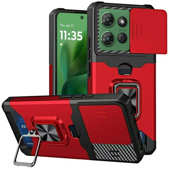 Military Grade All-In-One Ring Stand Card Case for Motorola Moto G Power 2025 - Red