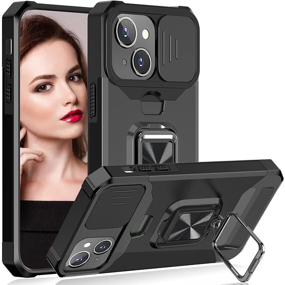 Military Grade All-In-One Ring Stand Card Case for iPhone 14 - Black