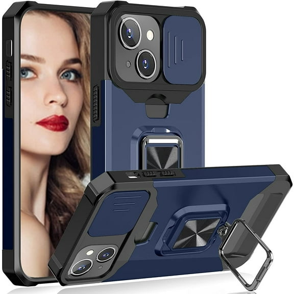 Military Grade All-In-One Ring Stand Card Case for iPhone 15 - Navy Blue