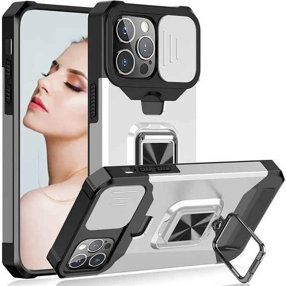 Military Grade All-In-One Ring Stand Card Case for iPhone 15 Pro - Silver