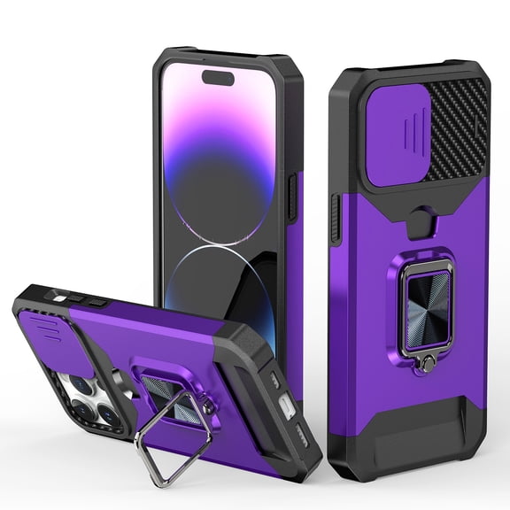 Military Grade All-In-One Ring Stand Card Case for iPhone 15 - Purple