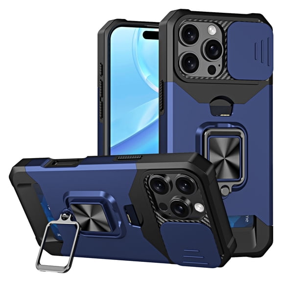 Military Grade All-In-One Ring Stand Card Case for iPhone 16 Pro Max - Blue