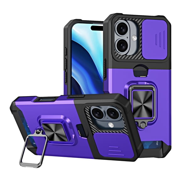 Military Grade All-In-One Ring Stand Card Case for iPhone 16 - Purple