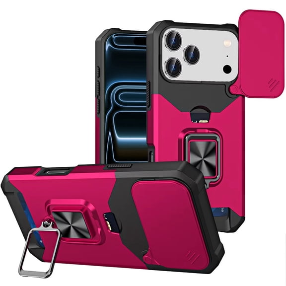 Military Grade All-In-One Ring Stand Card Case for iPhone 17 Pro Max - Hot Pink