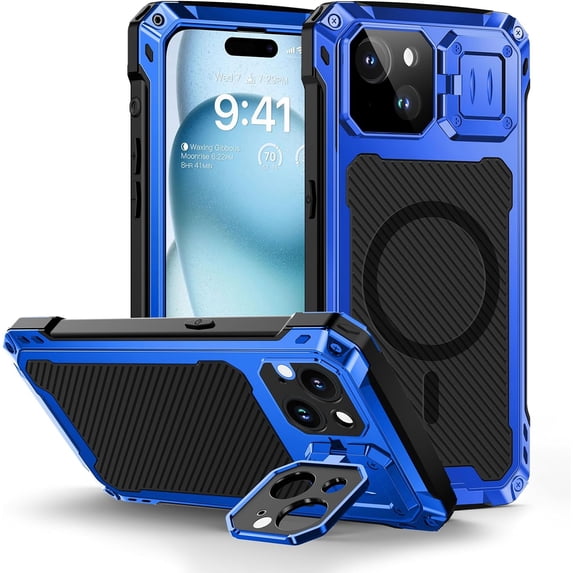 Military Grade Aluminum Magnetic Case for iPhone 15 (6.1"), Heavy Duty Rugged Cover with Built-in Glass Screen Protector & Camera Kickstand,Blue