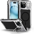 thumbnail image 1 of Military Grade Aluminum Magnetic Case for iPhone 15 (6.1"), Heavy Duty Rugged Cover with Built-in Glass Screen Protector & Camera Kickstand,Silver, 1 of 6