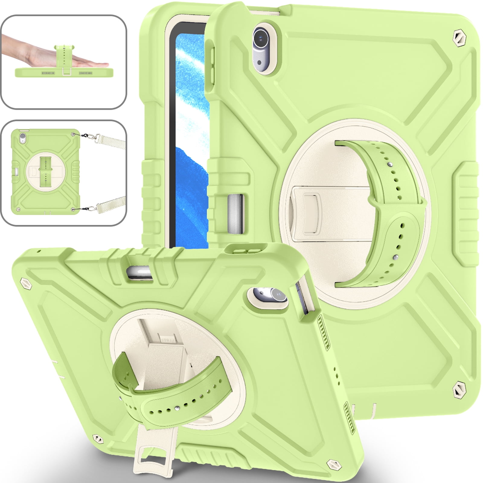 Military Grade Case for Apple iPad Air 11 inch 2024,Shoulder Strap Shockproof iPad Case with Pencil Holder 360 Rotating Hand Strap+Kicstand Rugged Siicone and Hard PC Case,Greenwhite