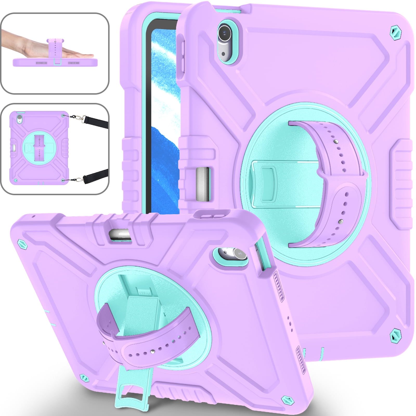 Military Grade Case for Apple iPad Air 11 inch 2024,Shoulder Strap Shockproof iPad Case with Pencil Holder 360 Rotating Hand Strap+Kicstand Rugged Siicone and Hard PC Case,Purplegreen