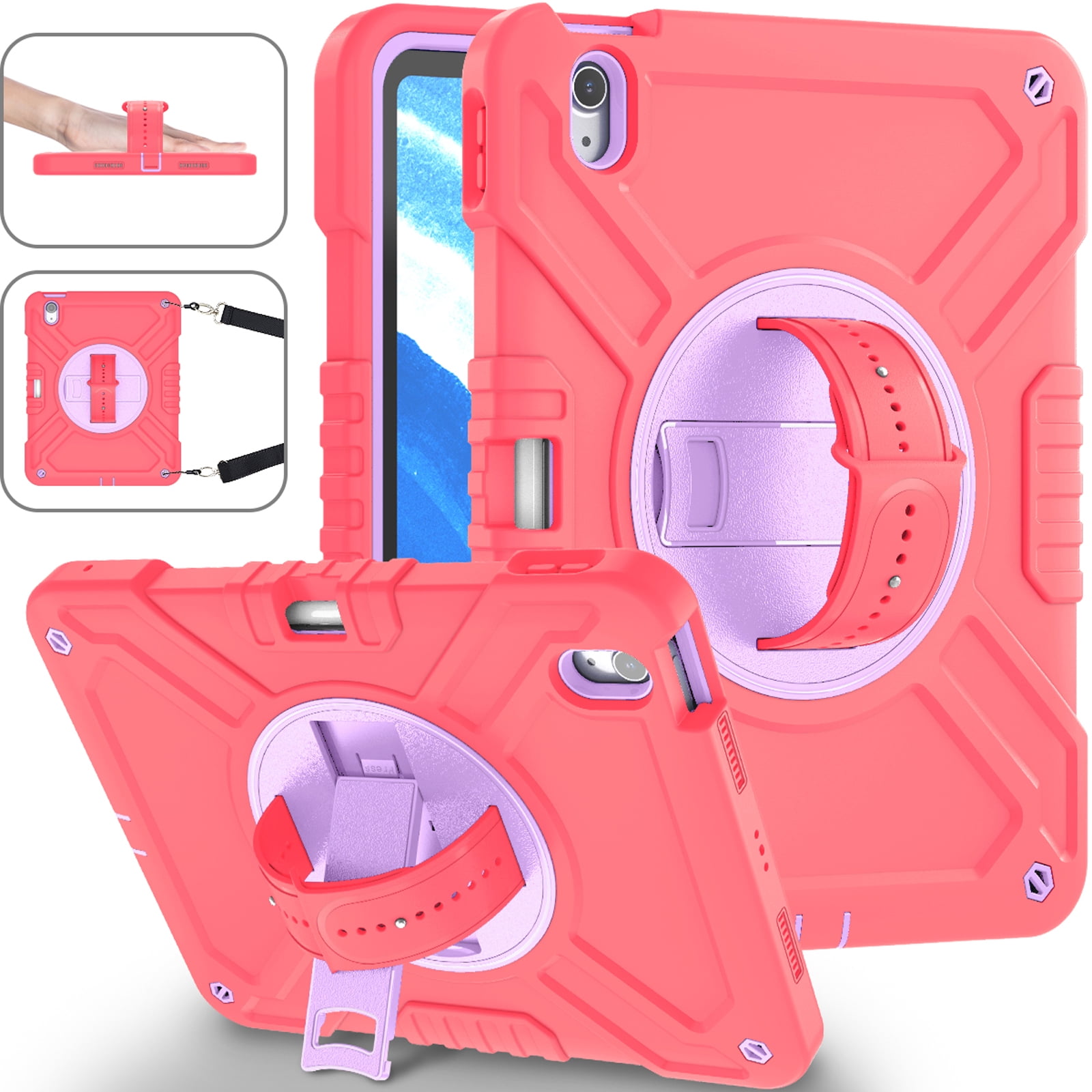 Military Grade Case for Apple iPad Air 11 inch 2024,Shoulder Strap Shockproof iPad Case with Pencil Holder 360 Rotating Hand Strap+Kicstand Rugged Siicone and Hard PC Case,Redpurple