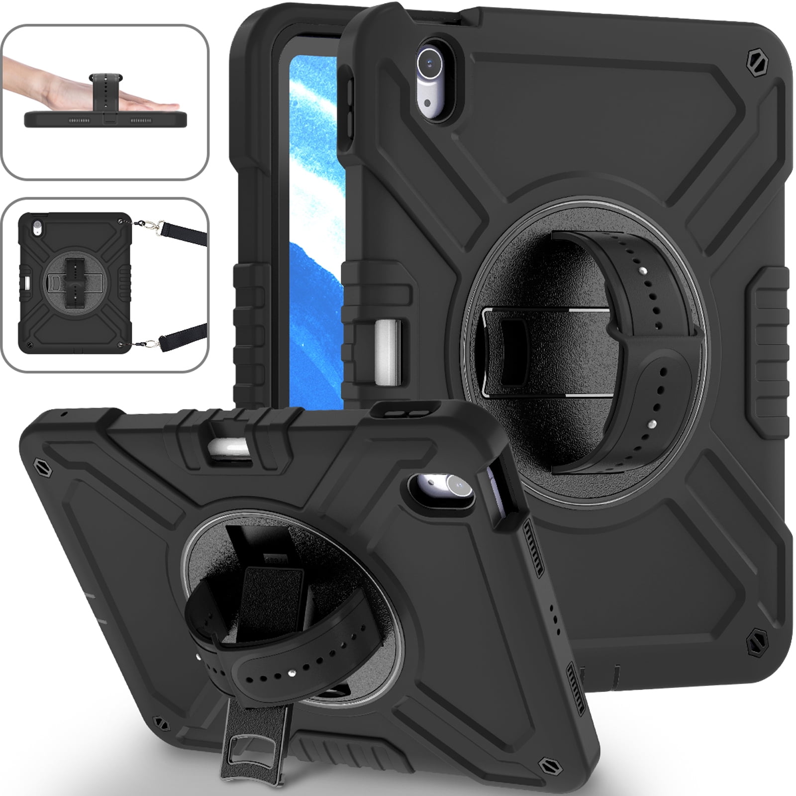 Military Grade Case for Apple iPad Air 11 inch 2024,Shoulder Strap Shockproof iPad Case with Pencil Holder 360 Rotating Hand Strap+Kicstand Rugged Siicone and Hard PC Case,Black