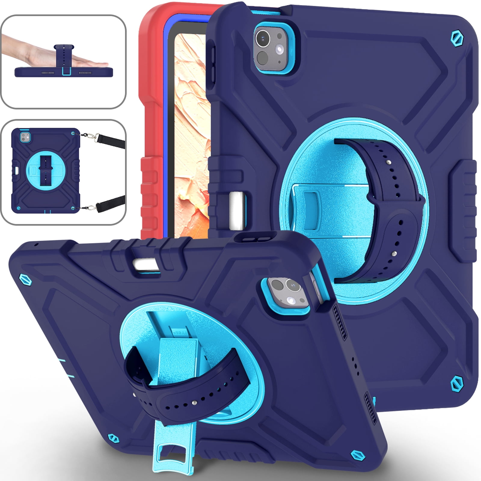 Military Grade Case for Apple iPad Pro 11 2024,Shoulder Strap Shockproof iPad Case with Pencil Holder 360 Rotating Hand Strap+Kicstand Rugged Siicone and Hard PC Case,Navyblue