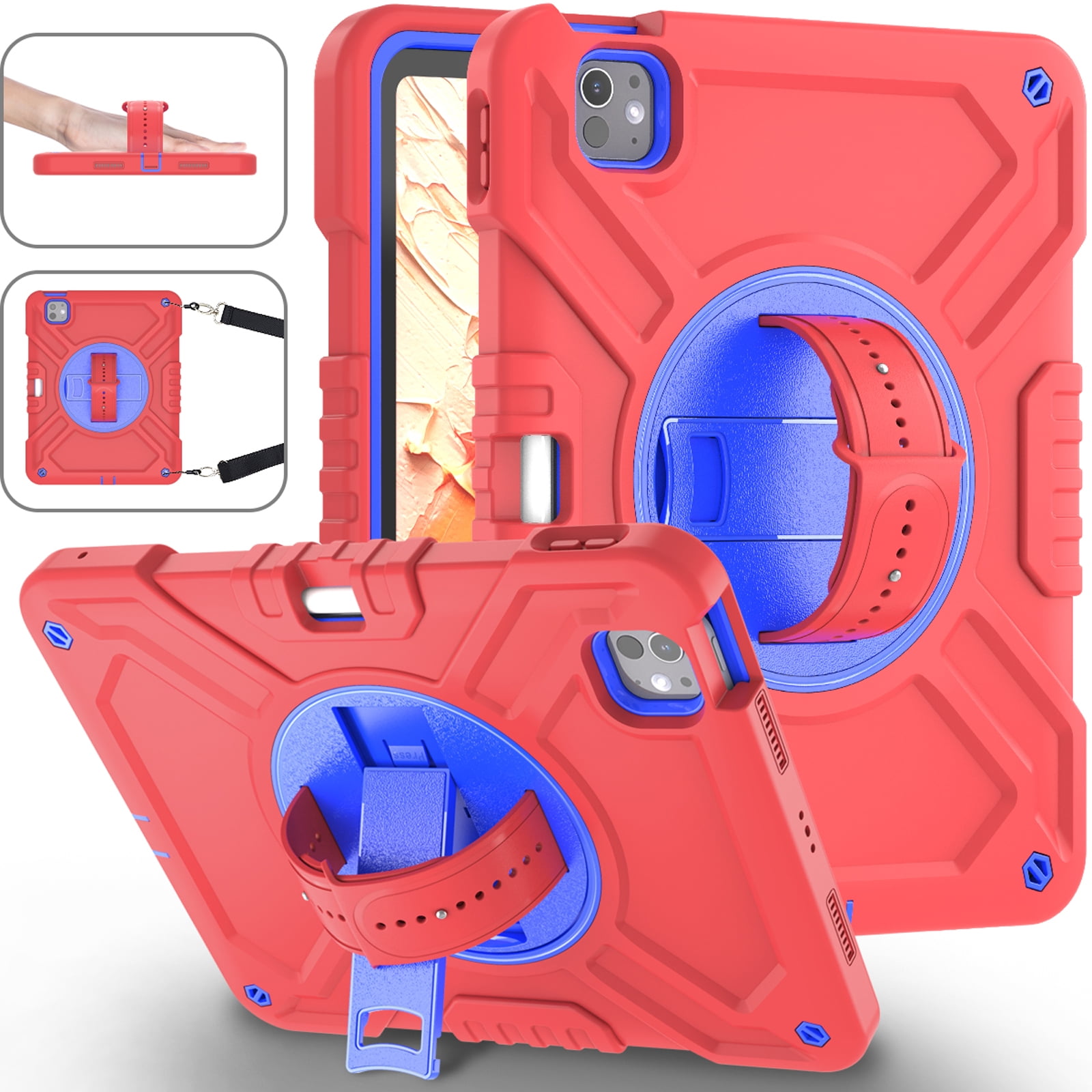 Military Grade Case for Apple iPad Pro 11 2024,Shoulder Strap Shockproof iPad Case with Pencil Holder 360 Rotating Hand Strap+Kicstand Rugged Siicone and Hard PC Case,Redblue