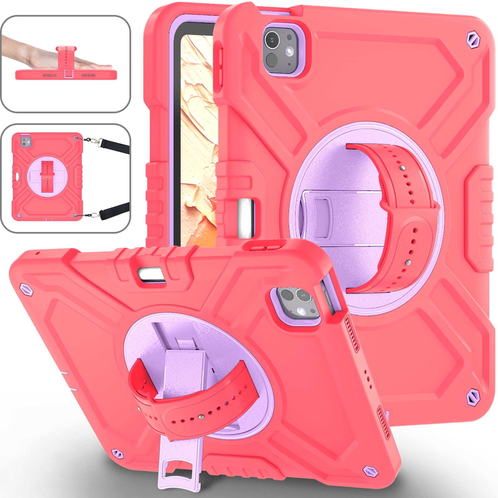 Military Grade Case for Apple iPad Pro 11 2024,Shoulder Strap Shockproof iPad Case with Pencil Holder 360 Rotating Hand Strap+Kicstand Rugged Siicone and Hard PC Case,Redpurple