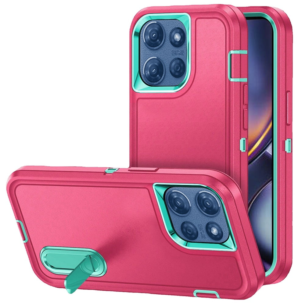 Military Grade Certified TUFF Hybrid Armor Case with Kickstand for Motorola Moto G 2025 - Hot Pink Teal