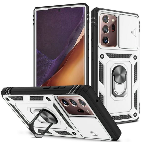 Military Grade Drop Impact for Galaxy A51 4G Camera Lens Slide Protection Case 360 Metal Rotating Ring Kickstand Holder Armor Shockproof Case For Samsung Galaxy A51 4G, White+Black