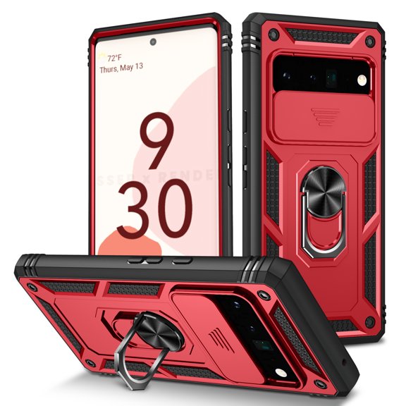 Military Grade Drop Impact for Google Pixel 8 Camera Lens Slide Protection Case 360 Metal Rotating Ring Kickstand Holder Armor Shockproof Case For Google Pixel 8, Black+Red