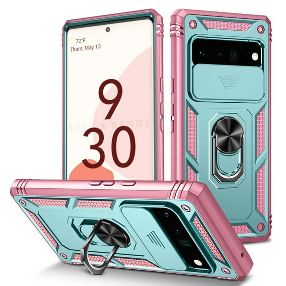 Military Grade Drop Impact for Google Pixel 8 Camera Lens Slide Protection Case 360 Metal Rotating Ring Kickstand Holder Armor Shockproof Case For Google Pixel 8, Pink+Green