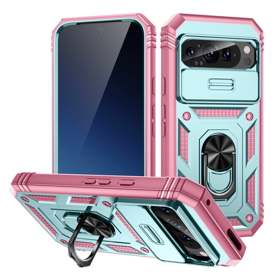 Military Grade Drop Impact for Google Pixel 9 Pro XL Camera Lens Slide Protection Case 360 Metal Rotating Ring Kickstand Holder Armor Shockproof Case For Google Pixel 9 Pro XL, Pink+Green