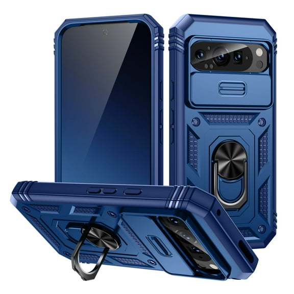 Military Grade Drop Impact for Google Pixel 9A Camera Lens Slide Protection Case 360 Metal Rotating Ring Kickstand Holder Armor Shockproof Case For Google Pixel 9A, Blue