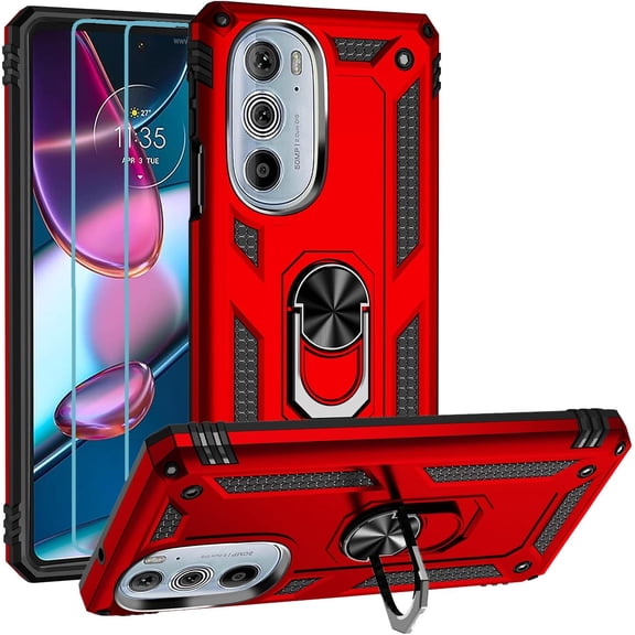Military Grade Drop Impact for Moto Edge Plus 2022 Case Edge+ 2022 Case with Screen Protector Metal Rotating Ring Kickstand Holder Shockproof Case for Edge Plus 2022 Edge 30 Pro Phone Case Red