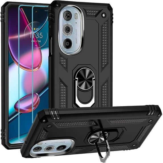 Military Grade Drop Impact for Moto Edge Plus 2022 Case Edge+ 2022 Case with Screen Protector Metal Rotating Ring Kickstand Holder Shockproof Case for Edge Plus 2022 Edge 30 Pro Phone Case (Black)