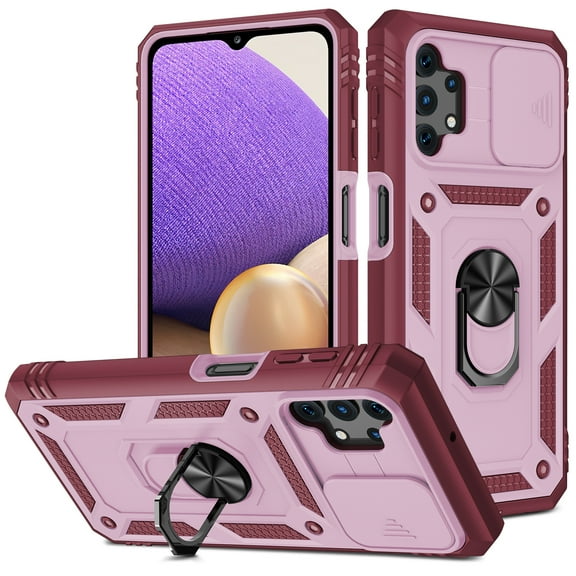 Military Grade Drop Impact for Samsung Galaxy A12 Camera Lens Slide Protection Case 360 Metal Rotating Ring Kickstand Holder Armor Shockproof Case For Samsung Galaxy A12,
Pink+Red