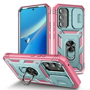 Military Grade Drop Impact for Samsung Galaxy A16 5G Camera Lens Slide Protection Case 360 Metal Rotating Ring Kickstand Holder Armor Shockproof Case For Samsung Galaxy A16 5G, Pink+Green