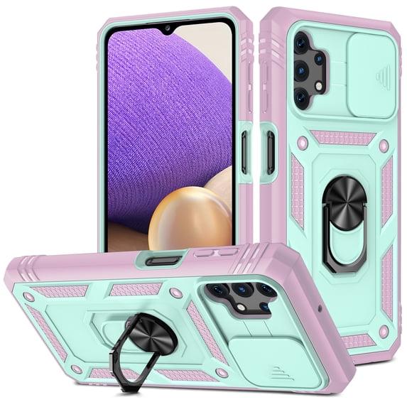 Military Grade Drop Impact for Samsung Galaxy A32 5G Camera Lens Slide Protection Case 360 Metal Rotating Ring Kickstand Holder Armor Shockproof Case For Samsung Galaxy A32 5G,
Mint + Pink