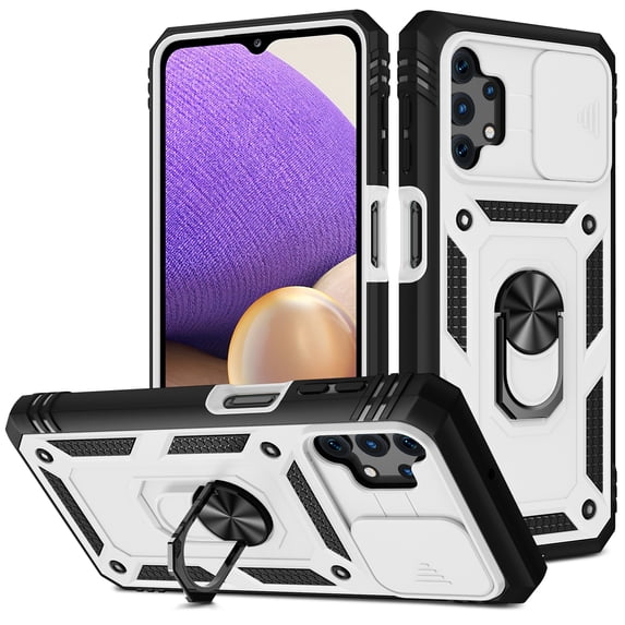 Military Grade Drop Impact for Samsung Galaxy A32 5G Camera Lens Slide Protection Case 360 Metal Rotating Ring Kickstand Holder Armor Shockproof Case For Samsung Galaxy A32 5G,
White+Black