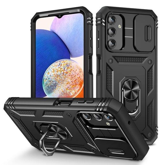 Military Grade Drop Impact for Samsung Galaxy A35 Camera Lens Slide Protection Case 360 Metal Rotating Ring Kickstand Holder Armor Shockproof Case For Samsung Galaxy A35, Black