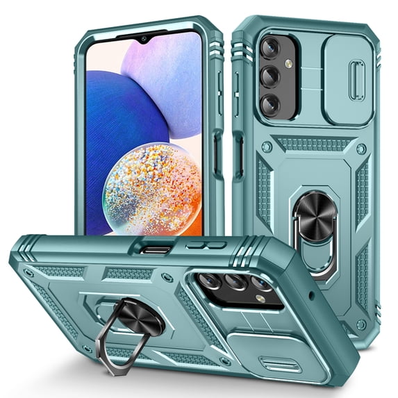 Military Grade Drop Impact for Samsung Galaxy A35 Camera Lens Slide Protection Case 360 Metal Rotating Ring Kickstand Holder Armor Shockproof Case For Samsung Galaxy A35, Green