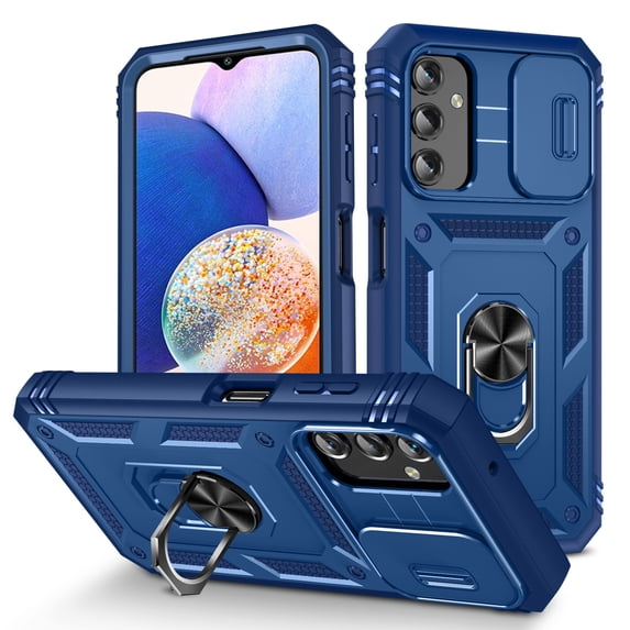 Military Grade Drop Impact for Samsung Galaxy A35 Camera Lens Slide Protection Case 360 Metal Rotating Ring Kickstand Holder Armor Shockproof Case For Samsung Galaxy A35, Blue
