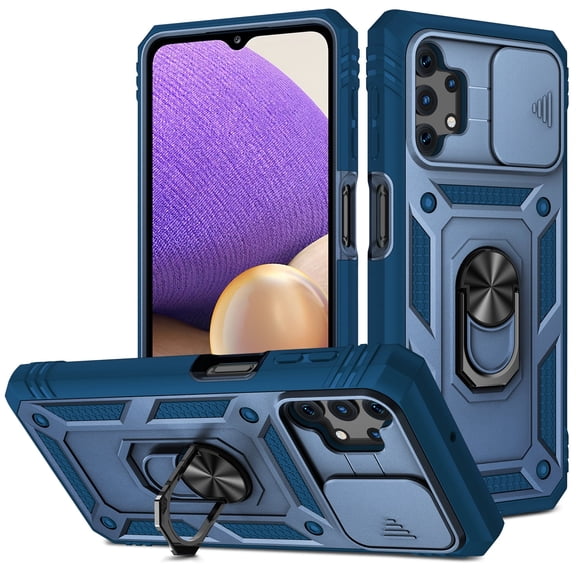 Military Grade Drop Impact for Samsung Galaxy A52 5G Camera Lens Slide Protection Case 360 Metal Rotating Ring Kickstand Holder Armor Shockproof Case For Samsung Galaxy A52 5G, Blue