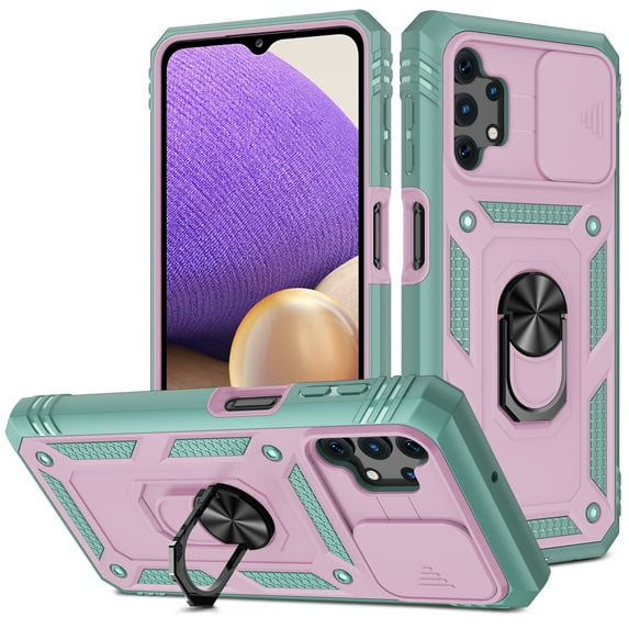 Military Grade Drop Impact for Samsung Galaxy A52 5G Camera Lens Slide Protection Case 360 Metal Rotating Ring Kickstand Holder Armor Shockproof Case For Samsung Galaxy A52 5G,
Pink+Green