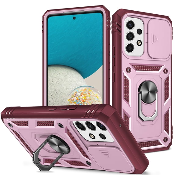 Military Grade Drop Impact for Samsung Galaxy A53 5G Camera Lens Slide Protection Case 360 Metal Rotating Ring Kickstand Holder Armor Shockproof Case For Samsung Galaxy A53 5G, Pink+Red