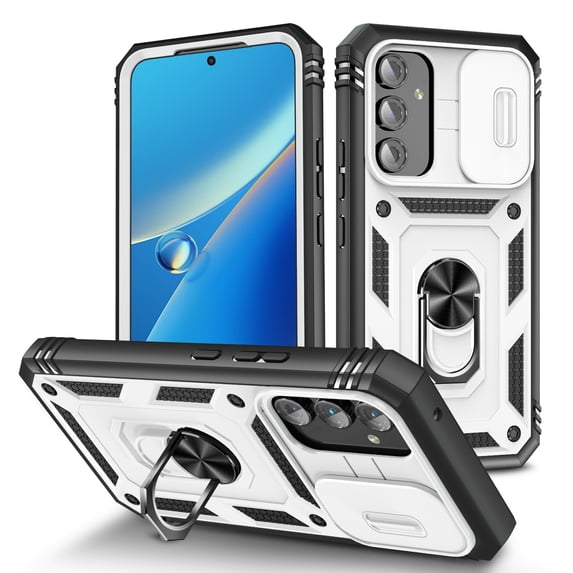 Military Grade Drop Impact for Samsung Galaxy A54 5G Camera Lens Slide Protection Case 360 Metal Rotating Ring Kickstand Holder Armor Shockproof Case For Samsung Galaxy A54 5G, White+Black