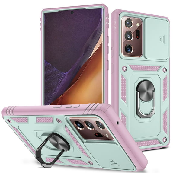 Military Grade Drop Impact for Samsung Galaxy Note 20 Ultra Camera Lens Slide Protection Case 360 Metal Rotating Ring Kickstand Holder Armor Shockproof Case For Samsung Galaxy Note 20 Ultra,Green+Pink