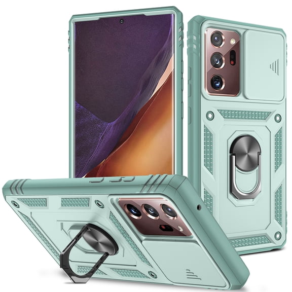 Military Grade Drop Impact for Samsung Galaxy Note 20 Ultra Camera Lens Slide Protection Case 360 Metal Rotating Ring Kickstand Holder Armor Shockproof Case For Samsung Galaxy Note 20 Ultra, Green