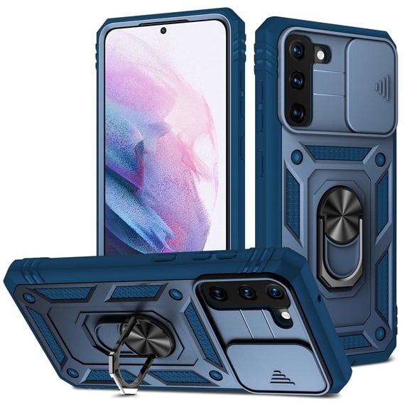 Military Grade Drop Impact for Samsung Galaxy S22 Plus Camera Lens Slide Protection Case 360 Metal Rotating Ring Kickstand Holder Armor Shockproof Case For Samsung Galaxy S22 Plus, Blue
