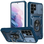 Military Grade Drop Impact for Samsung Galaxy S22 Ultra Camera Lens Slide Protection Case 360 Metal Rotating Ring Kickstand Holder Armor Shockproof Case For Samsung Galaxy S22 Ultra, Blue