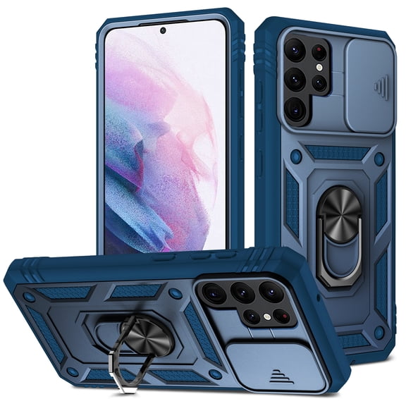 Military Grade Drop Impact for Samsung Galaxy S22 Ultra Camera Lens Slide Protection Case 360 Metal Rotating Ring Kickstand Holder Armor Shockproof Case For Samsung Galaxy S22 Ultra,
Blue